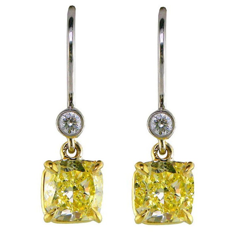 Natural Fancy Yellow Diamond Cushion Cut Drop Earrings