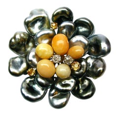 Pearl and Diamond Flower Brooch