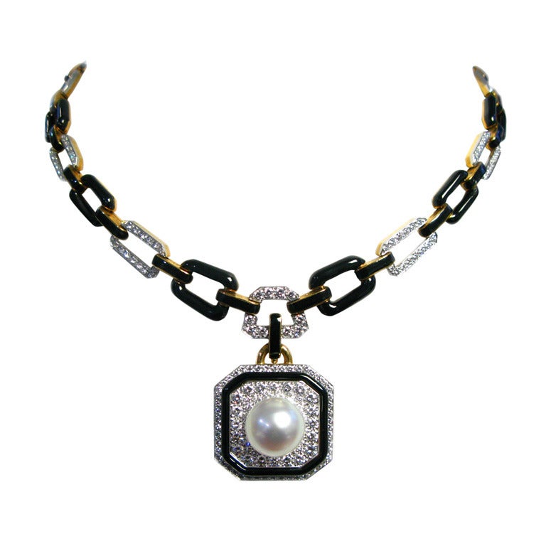 David Webb Enamel Pearl Diamond Necklace