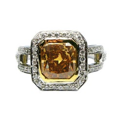 GIA Certified 2.01 Carat Fancy Cognac Color Radiant Diamond Frame Ring