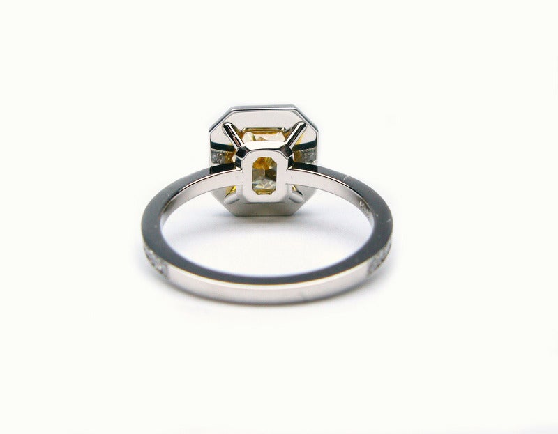 2.29Ct Fancy Yellow Radiant Diamond Frame Ring In New Condition In New York, NY
