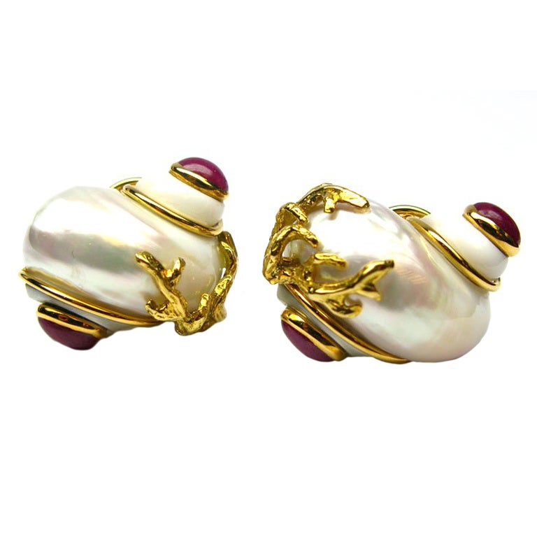 Seaman Schepps Shell and Cabochon Ruby Earrings