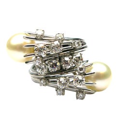 Modernist Diamond and Pearl Spray Ring in Platinum