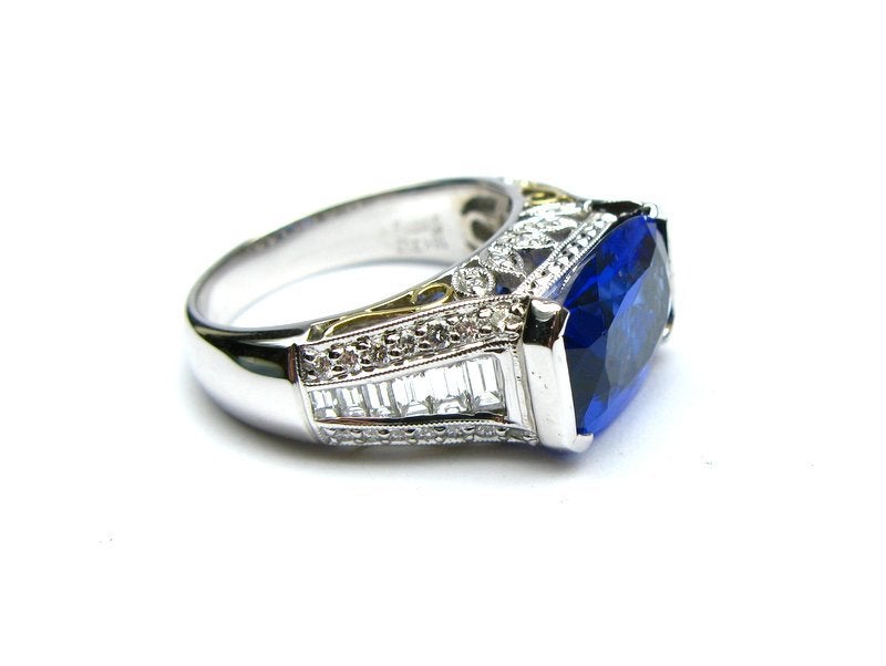 Cushion Cut 4.10 Carat Tanzanite and Diamond Ring 18k White Gold