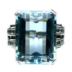 Vintage Emerald Cut Aquamarine and Diamond Ring