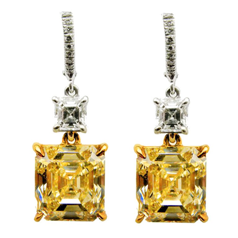 GIA-Certified Fancy Yellow 10.83 Carat Asscher-Cut Diamond Drop Earrings For Sale