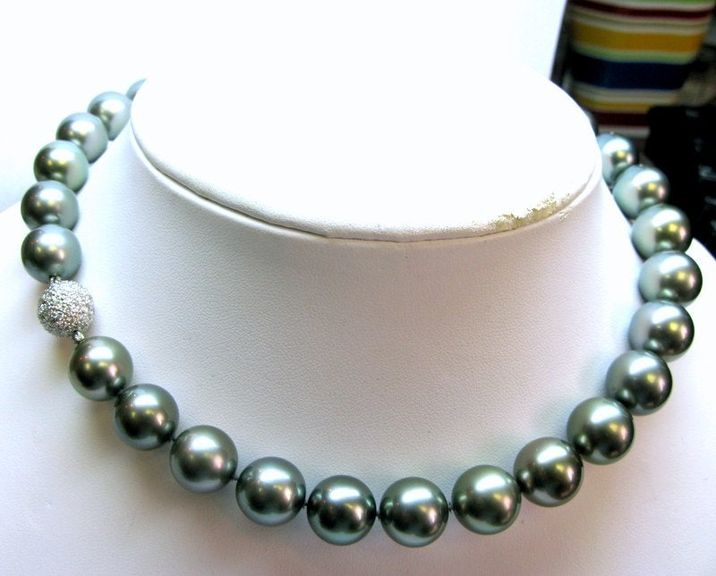 Large Tahitian Pearl Necklace measuring 18 inches long with a Platinum and Diamond Ball Clasp.