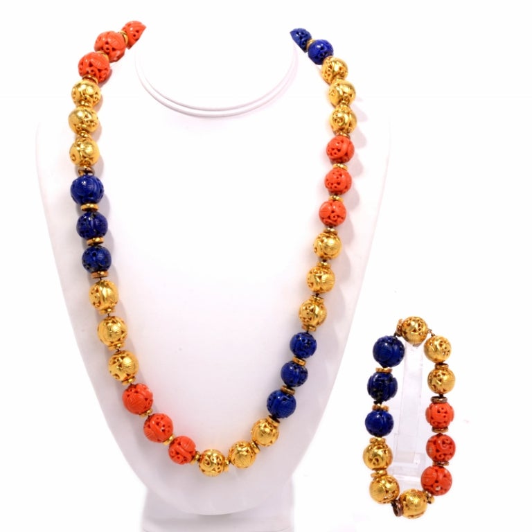 Koralle & Lapislazuli Gold Perlen Halskette & Armband Set