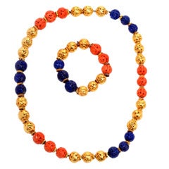 Retro Coral & Lapis Lazuli Gold Bead Necklace & Bracelet Set