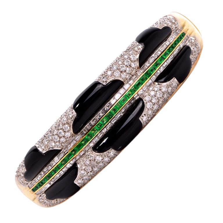 Stylish Diamond Emerald Gold Onyx Bangle Bracelet