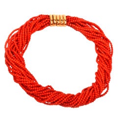 Multi-Strand Red Coral Bead Gold Necklace