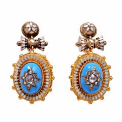 Antique Diamond Turquoise Enamel Gold Earrings