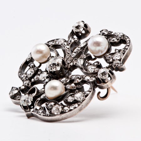 1900s Diamond Pearl Gold Silver  Edwardian Brooch Pin 1