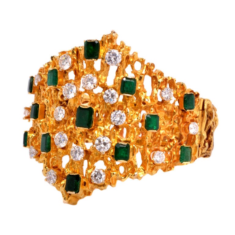 15.57 ct Diamond Emerald Gold Bangle Bracelet at 1stdibs