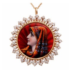 Diamond Pearl Enamel Gold Madonna Pin Pendant