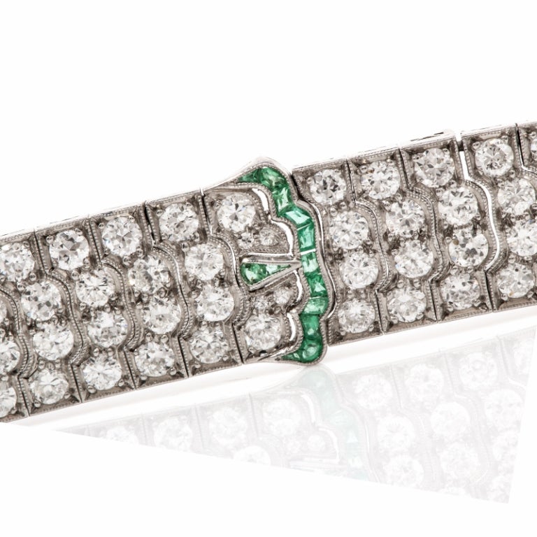 Art Deco 1920s Diamond Emerald Platinum Wide Bracelet