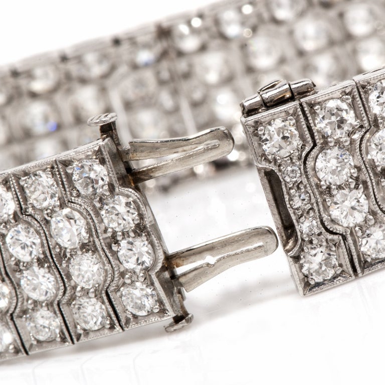 1920s Diamond Emerald Platinum Wide Bracelet In Excellent Condition In Miami, FL