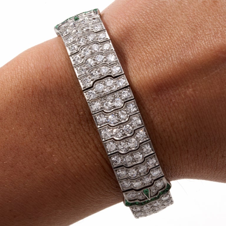1920s Diamond Emerald Platinum Wide Bracelet 1