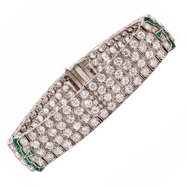 1920s Diamond Emerald Platinum Wide Bracelet