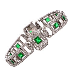 1930's Diamond Emerald Platinum Bracelet