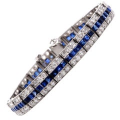 1920's French Diamond Sapphire Platinum Line Bracelet