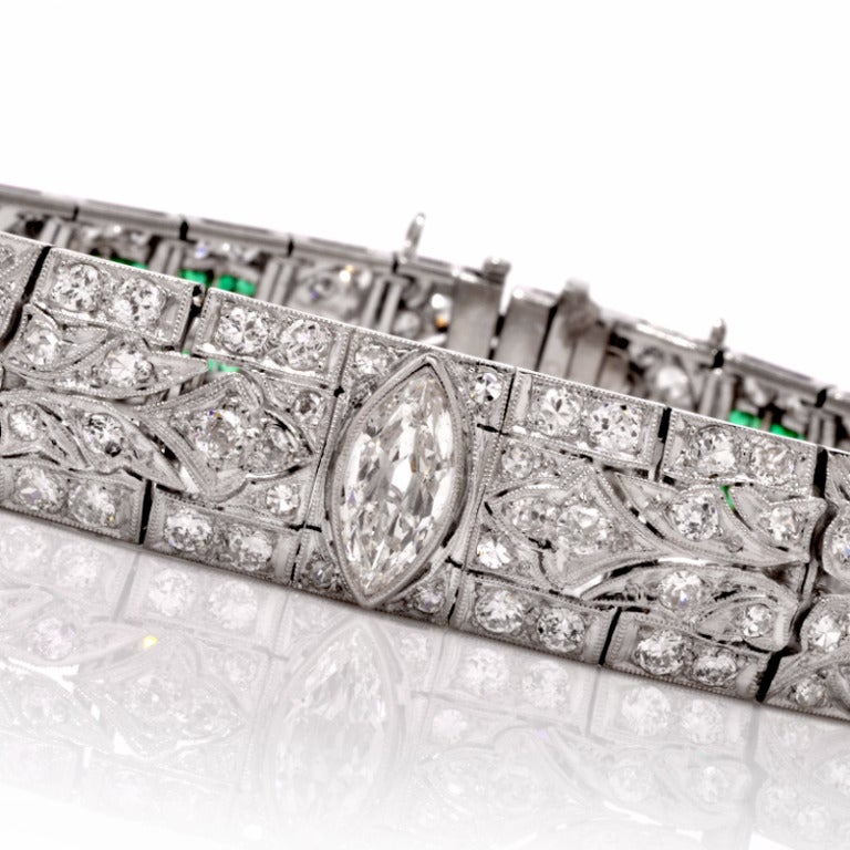 Art Deco 1920s Diamond Emerald Pierced Platinum Bracelet