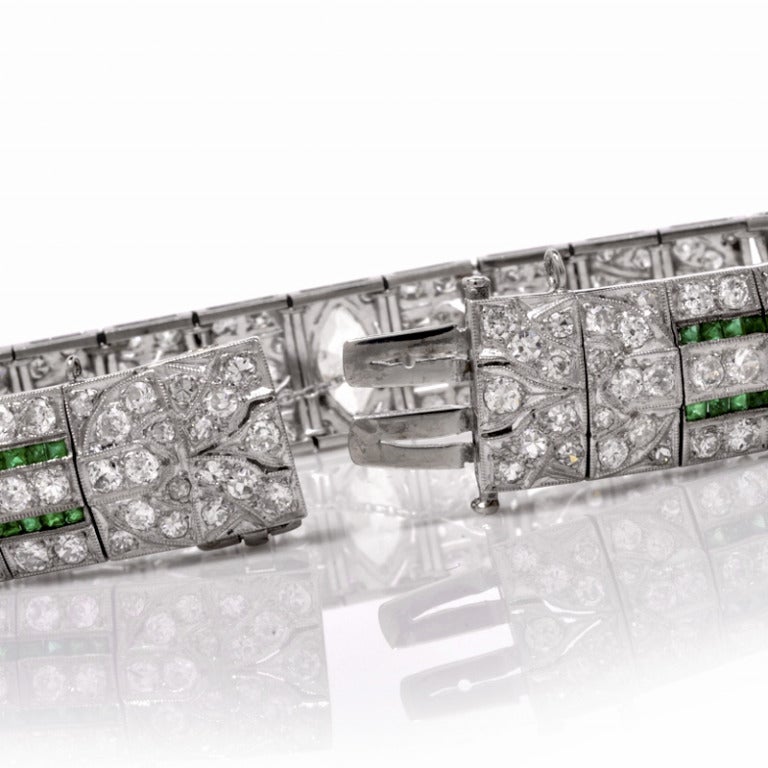 1920s Diamond Emerald Pierced Platinum Bracelet In Excellent Condition In Miami, FL