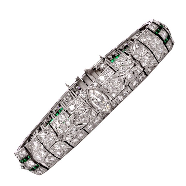 1920s Diamond Emerald Pierced Platinum Bracelet