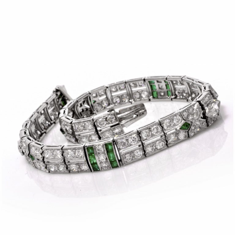 1920s Diamond Emerald Platinum Bracelet