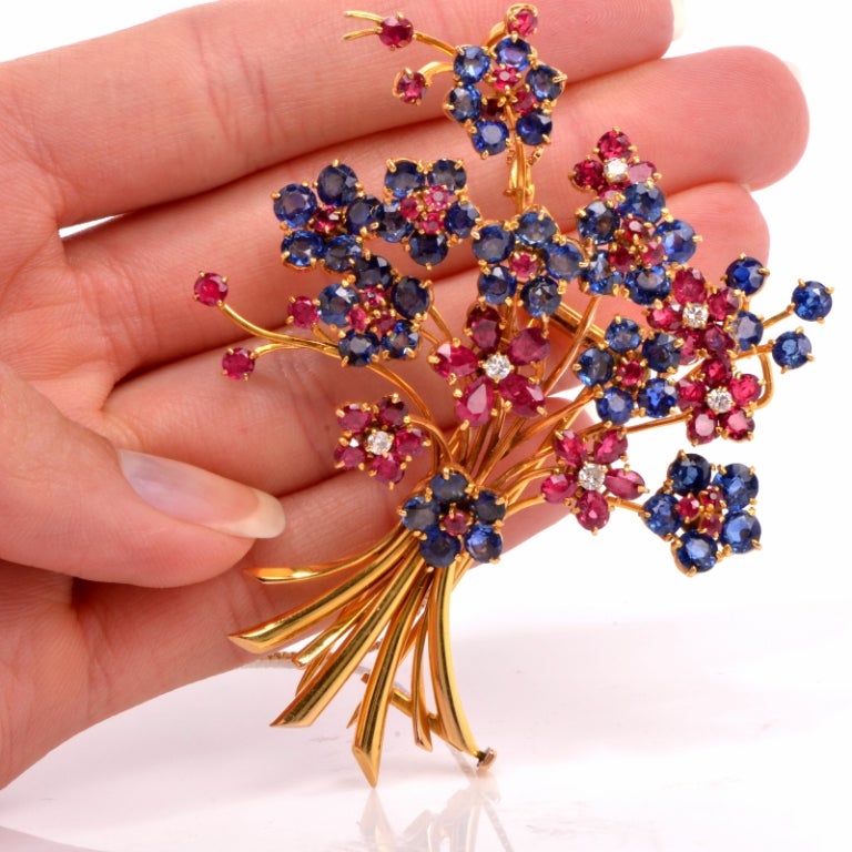 Retro 1940's French Diamond Sapphire Ruby Floral Brooch Pin 2