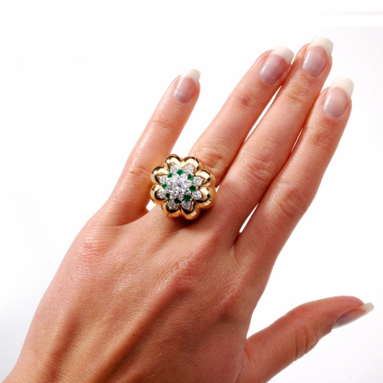 1970s Emerald Diamond Platinum Gold Insert Ring In Excellent Condition In Miami, FL