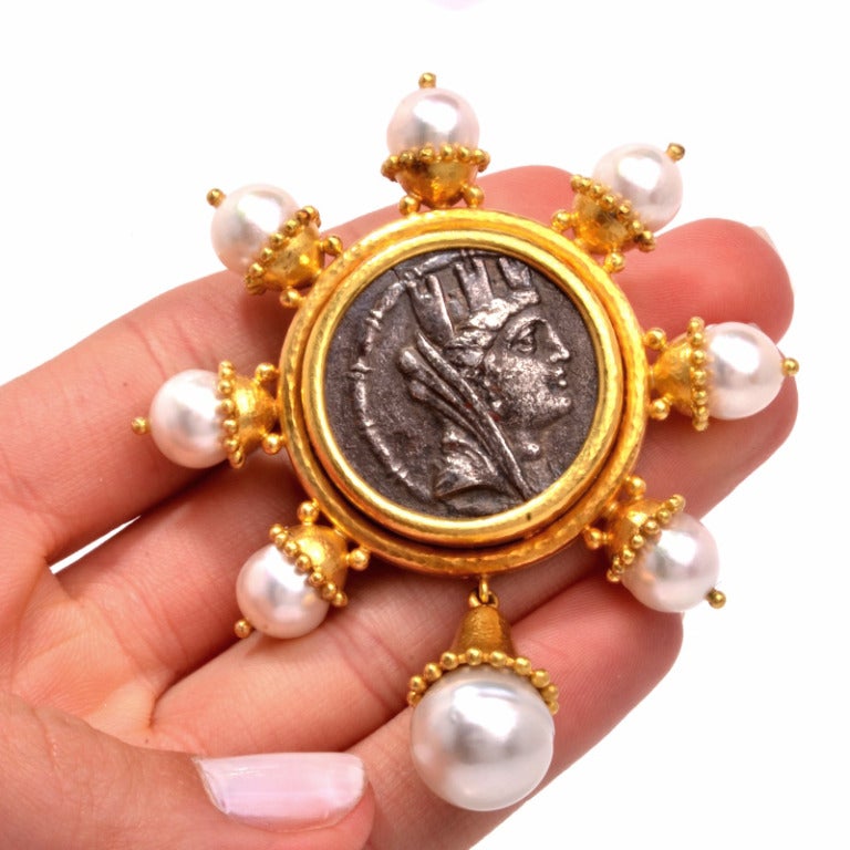 Elizabeth Locke Ancient Roman Coin Pearl Gold Pin 1