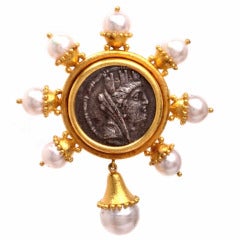 Vintage Elizabeth Locke Ancient Roman Coin Pearl Gold Pin