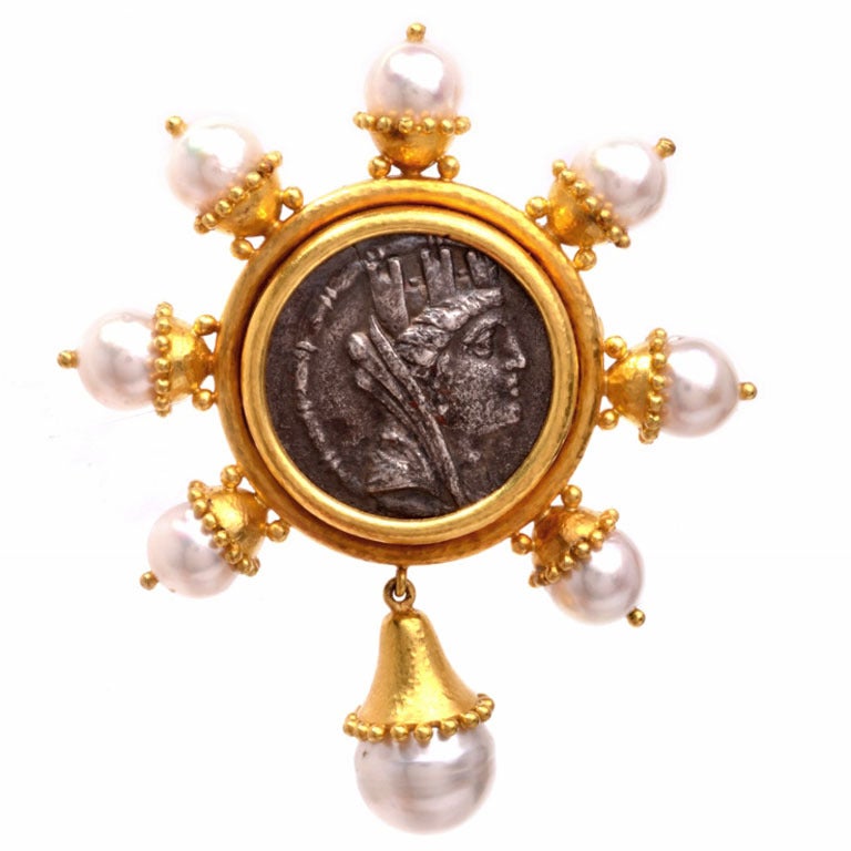 Elizabeth Locke Ancient Roman Coin Pearl Gold Pin