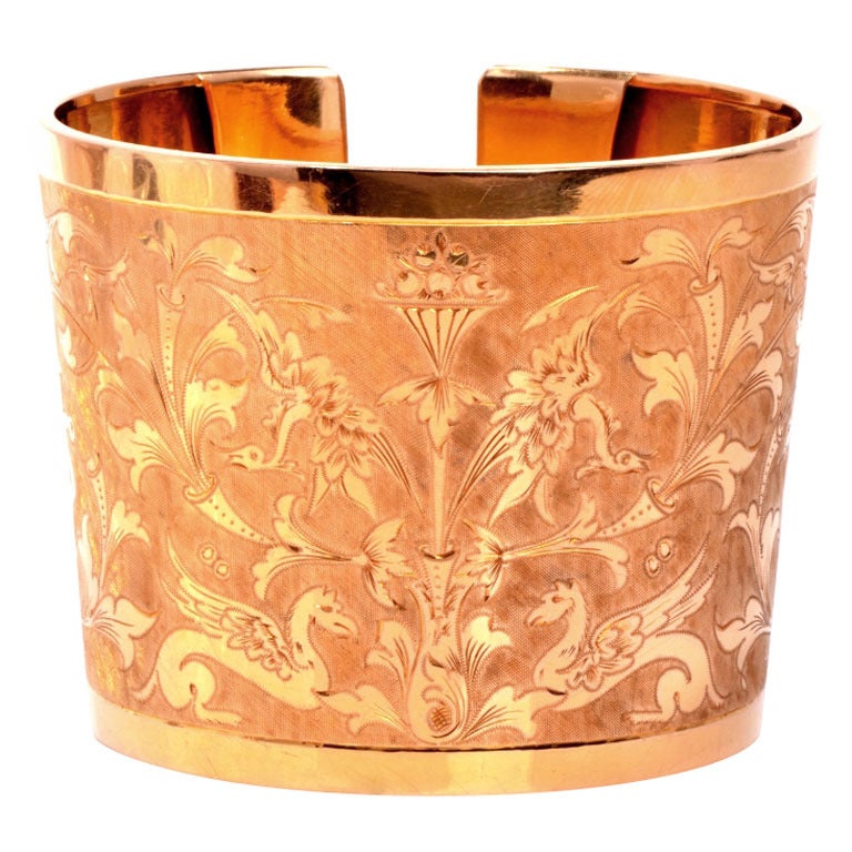 English Hand Carved Gold Wide Cuff Bracelet