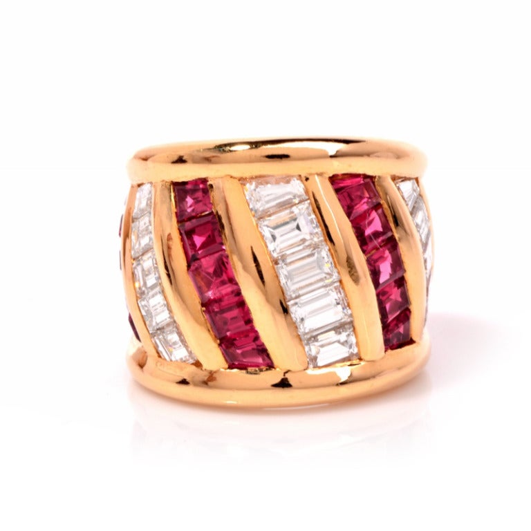 This sensational and stylish Designer Verney ring has the perfect combination of color and sparkle! Finely crafted in solid 18K yellow gold, this ring is set with 22 genuine emerald cut diamonds approx. 6.50 ct, E-F color, VVS clarity and 22 genuine