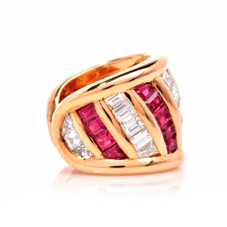 Emerald Cut 1970s French Verney Ruby Diamond Gold Ring