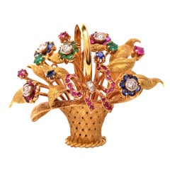 Diamond & Gemstone Gold Floral Bouquet Flower Pin