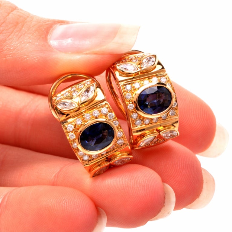 Diamond Sapphire ClipBack Gold Earrings at 1stDibs