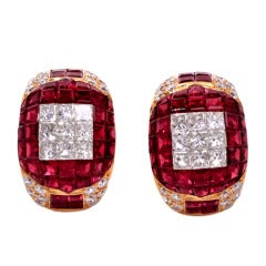 Diamond Ruby Gold Invisible Set Hoop Earrings