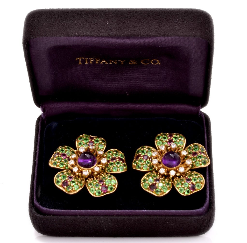 Tiffany & Co. Large Floral Tsavorite Diamond Gold Earrings 1