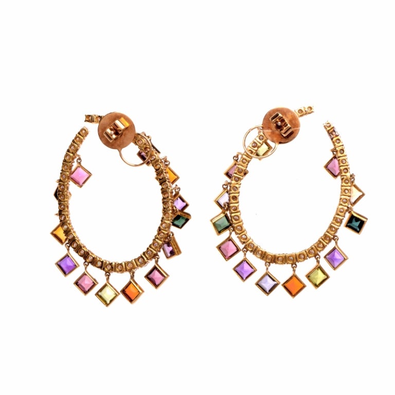 Diamond Multi-Gemstone Gold Hoop Earrings In Excellent Condition In Miami, FL