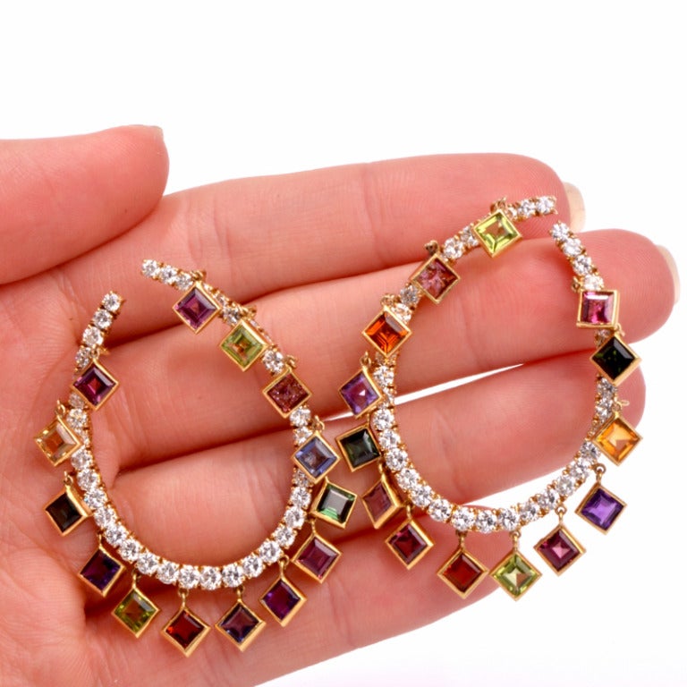 Women's Diamond Multi-Gemstone Gold Hoop Earrings
