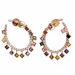 Diamond Multi-Gemstone Gold Hoop Earrings