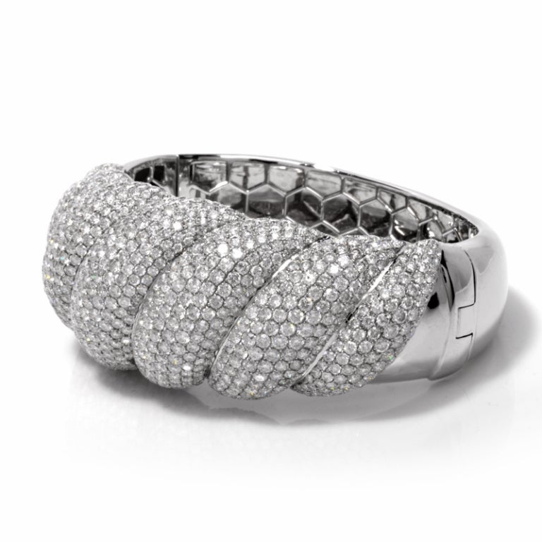 Wide Diamond Cluster Gold Bangle Bracelet