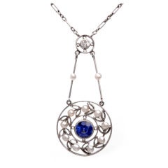 Pearl Sapphire Diamond Platinum Pendant Necklace