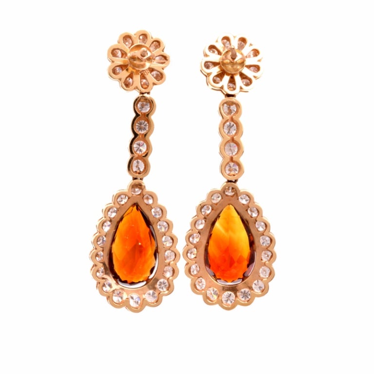 1980's Citrine Topaz Diamond Gold Dangle Drop Earrings with Jacket In Excellent Condition In Miami, FL