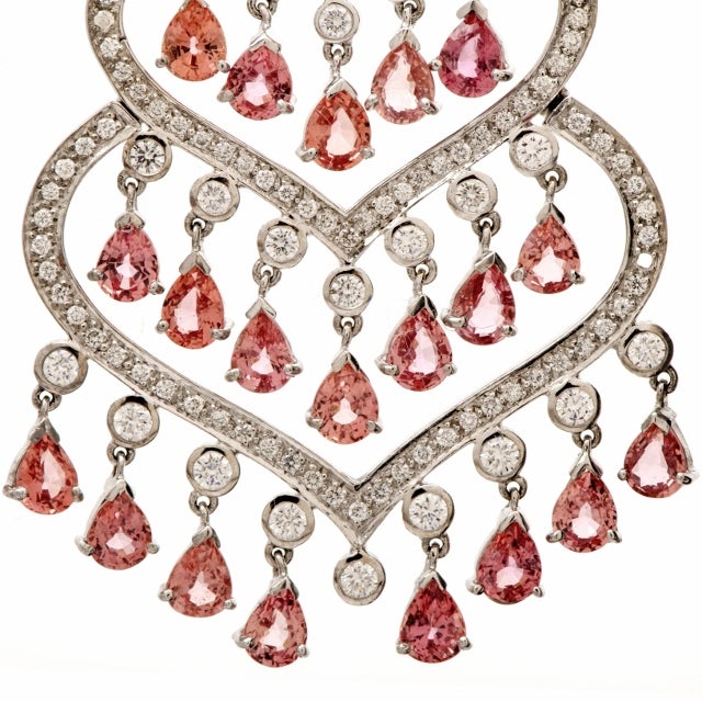 Pink Orange Sapphire Diamond Gold Chandelier Earrings