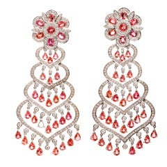 Pink Orange Sapphire Diamond Gold Chandelier Earrings