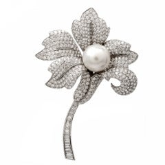 Pearl Diamond Gold Floral Brooch